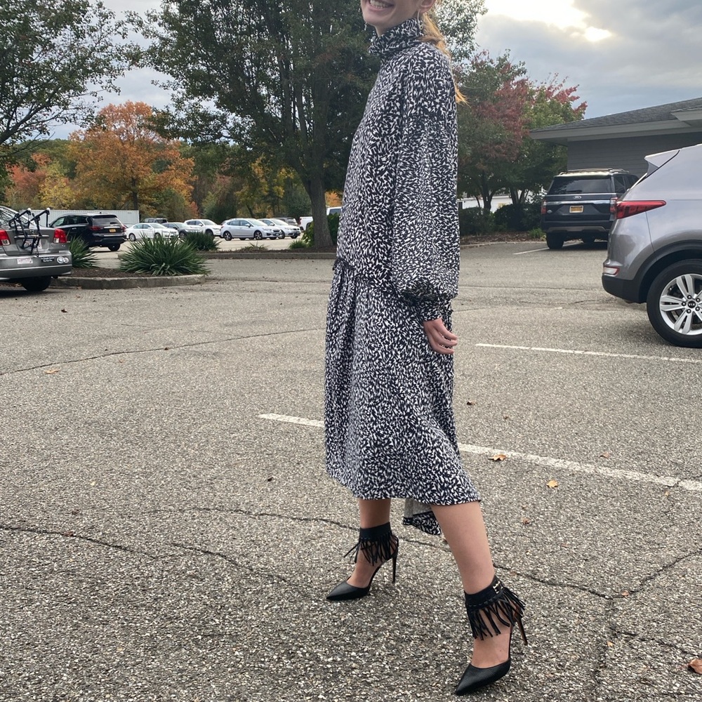 Ted Baker Black and White Floral Tiered Toddl Long Sleeve Midi Peasant Dress